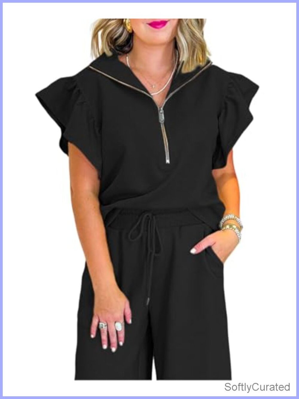 Two Piece Lounge Set with Ruffle Cap Sleeve Zip Top and Wide Leg Pants